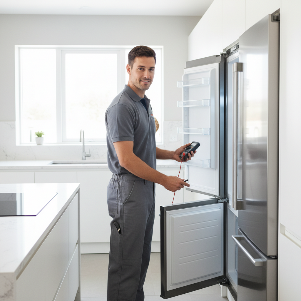 Professional appliance repair technician inspecting a built-in refrigerator